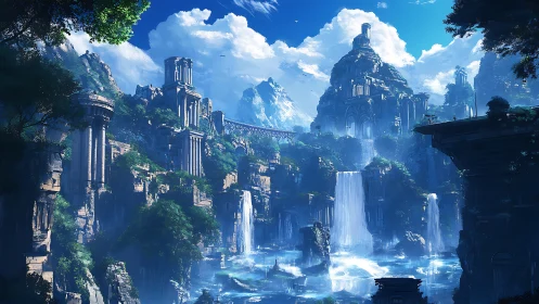 Epic fantasy citadel carved in cliffs with cascading waterfalls