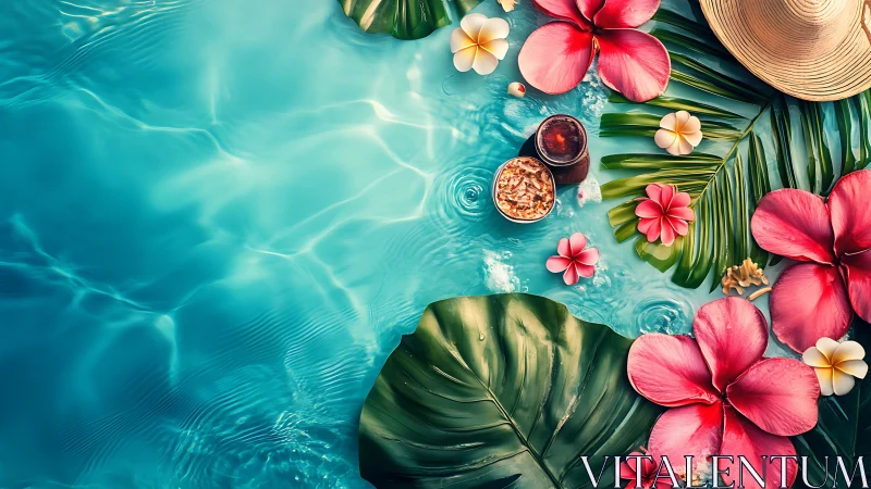 Top view tropical pool scene with flowers and drink.