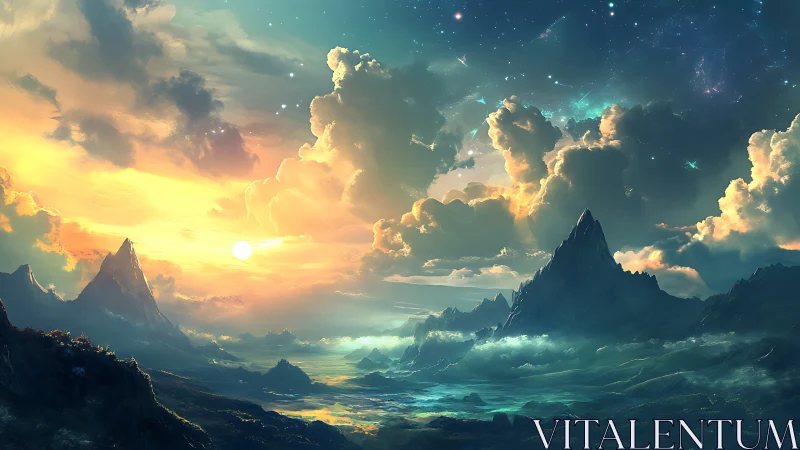 Celestial sunrise over mythic mountains and dreamlit sea.