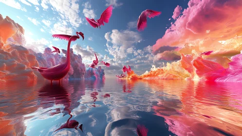 Surreal pink bird forms over reflective water under clouds.