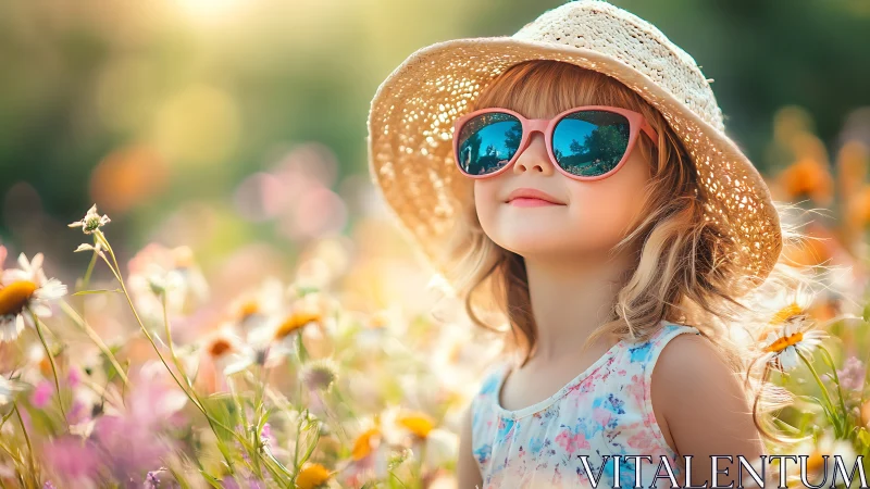 Smiling girl in sun hat enjoys vibrant summer wildflower field