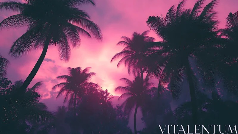 Palm trees silhouetted against vivid magenta sunset sky