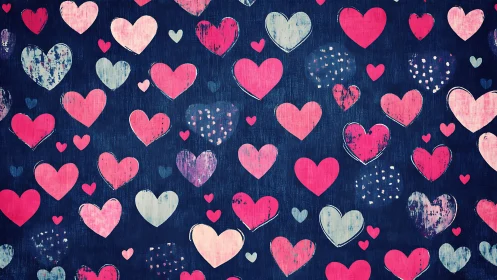 Distressed Hearts Pattern Over Navy Ground with Grunge Texture