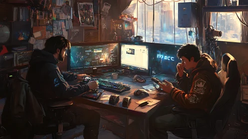 Dual-operator cyber workstation in urban hacker loft studio.