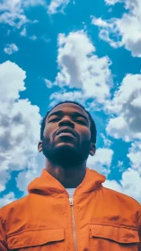 Man in orange jacket under bright blue cloudy sky.