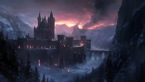 Storm-lit mountain fortress glows against a frozen twilight sky