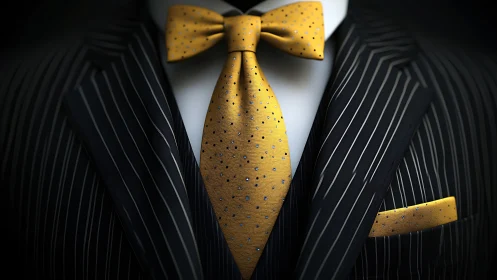 Golden bow tie sharpens elegant pinstripe suit style