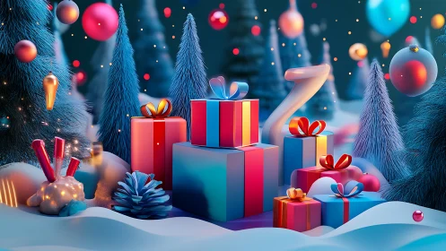 Neon snowglobe forest piled with candy-bright presents.