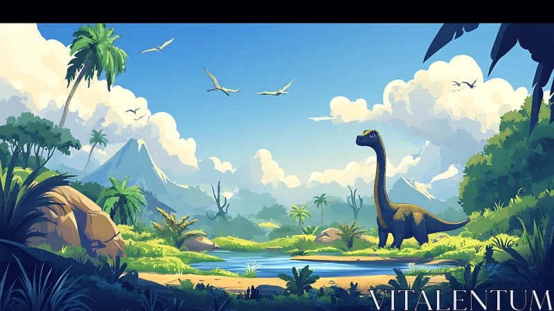Cartoon dinosaur roams lush prehistoric river valley