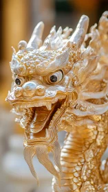 Golden dragon sculpture in shallow depth-of-field close-up shot.