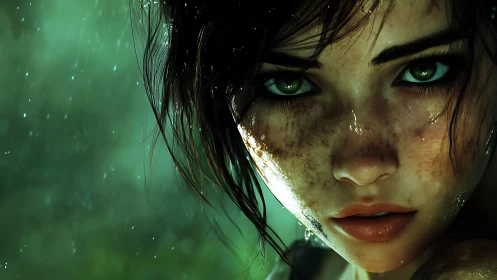 Close digital portrait of wet, freckled female face in rain.