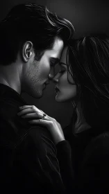 Two figures share an intimate moment in monochromatic stillness.