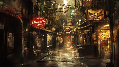 Neon rain polishes a forgotten alley into liquid memory