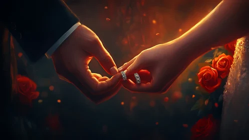 Cinematic exchange of diamond wedding bands in ember glow.