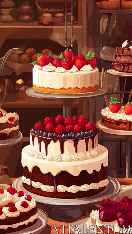Bakery Showcase: Three-Tier Cake Display with Fresh Berries