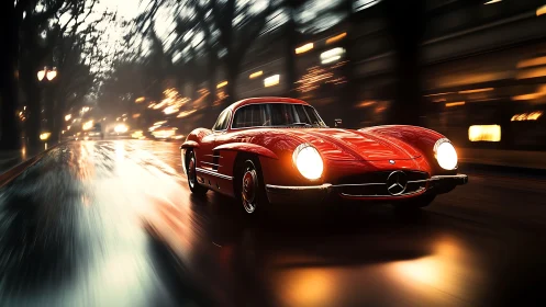 Classic red Mercedes speeds through rain-lit city streets.