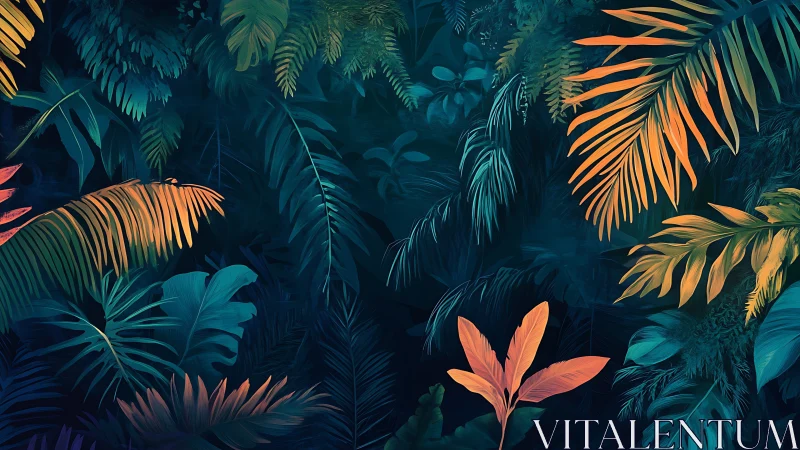 Tropical foliage glows with teal shadows and amber light.