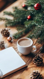 Winter coffee muses beside pine branches and story pages