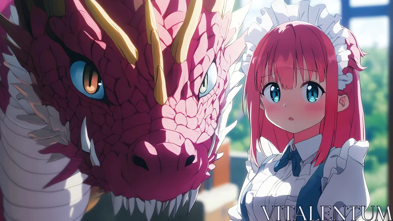 Pink dragon and maid character in close frontal view.