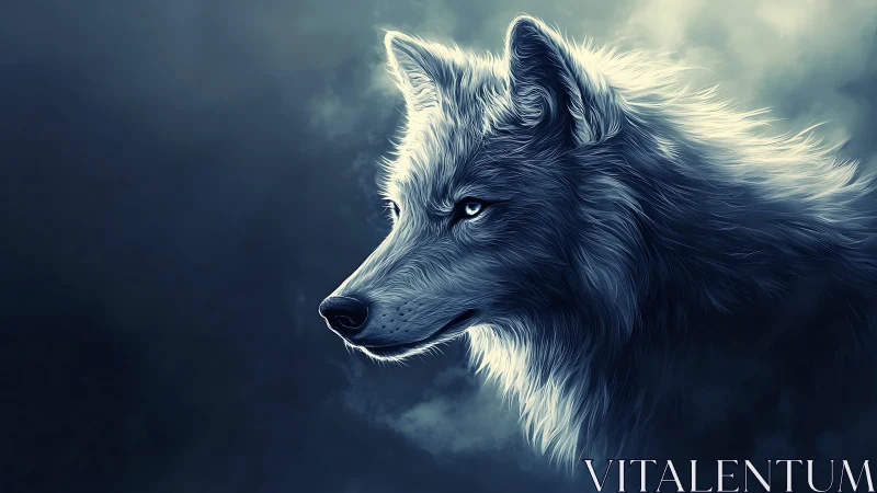 Digital profile illustration shows a detailed white wolf head