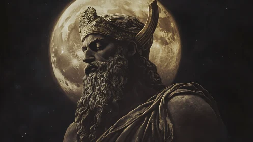 Lunar backlit mythic monarch rendered in chiaroscuro detail.