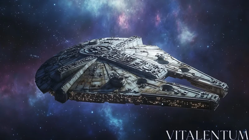 Detailed science fiction starship in deep outer space