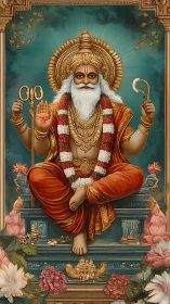 Hindu sage deity seated on ornate throne with lotus flowers.