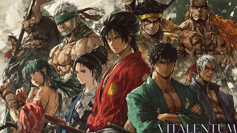 Warrior ensemble in torn kimonos amid stormy ink clouds.