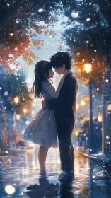 Couple stands embracing in heavy rain on glowing city street