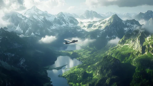 Quiet flight over sunlit alpine lake and emerald valleys.