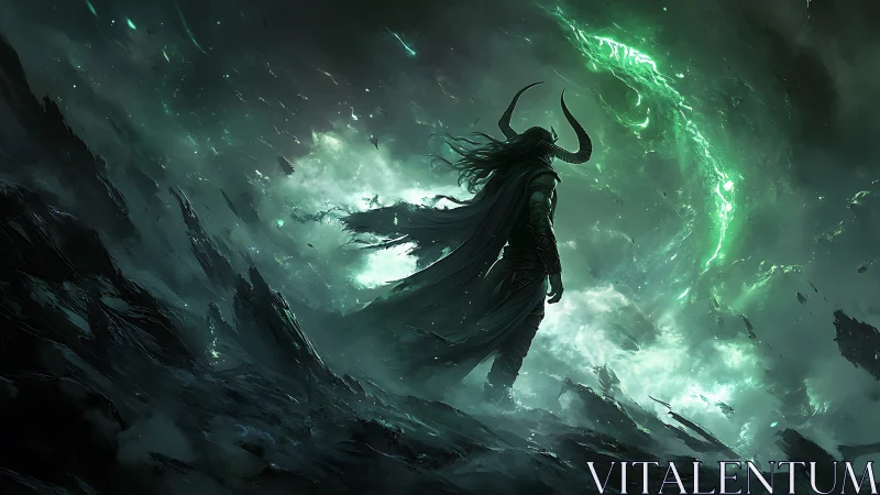 Horned warlock commands swirling emerald storm sky.