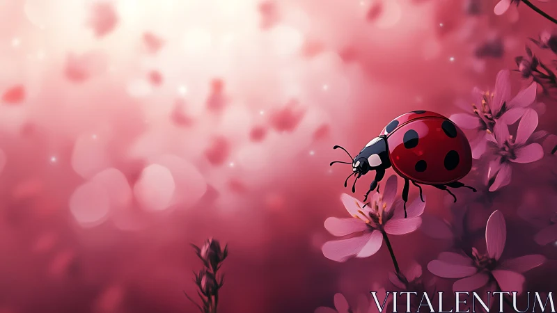 Crimson dawn escorting a glossy ladybug through petals.