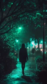 Silhouette walks down wet city path under teal streetlights
