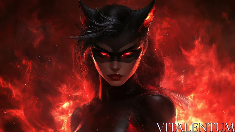 Masked feline-inspired figure in red flame environment.