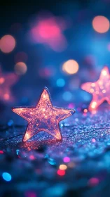 Glowing star ornament on glittered surface at night.