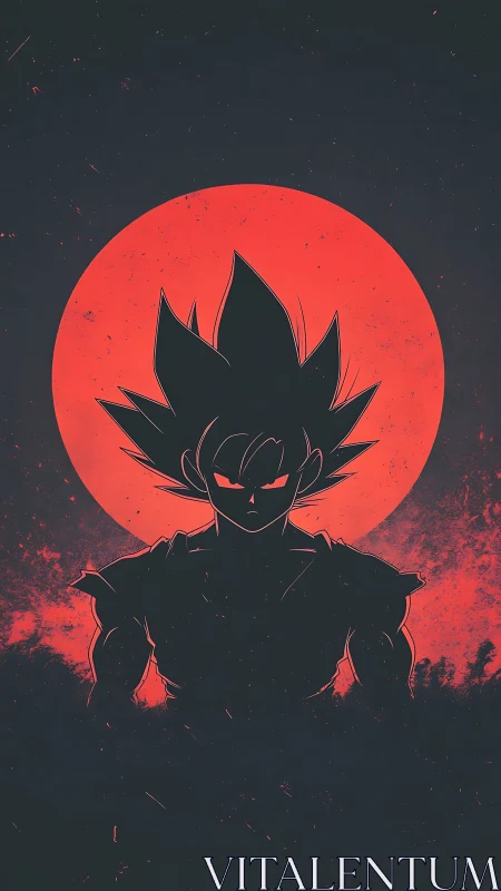 Silhouetted spiky haired warrior against bold red moon.
