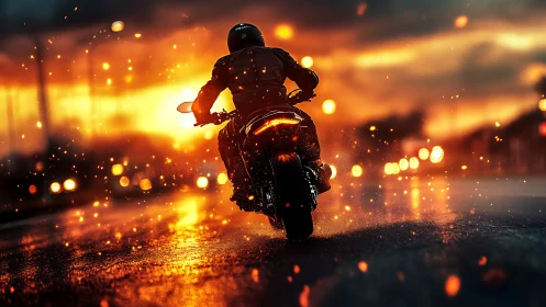Blazing city rider curves through glowing evening sparks