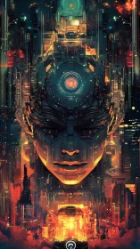 Cybernetic deity overlooks burning neon megastructure