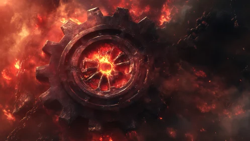 Molten metal gear embedded in fiery volcanic lava.