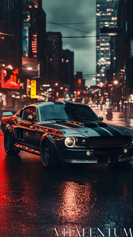 Midnight muscle car cruising through neon soaked city streets.