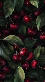 Midnight orchard of glistening cherries and lush leaves.