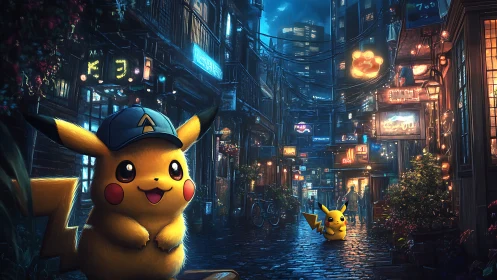 Playful electric pals exploring a neon city night street.