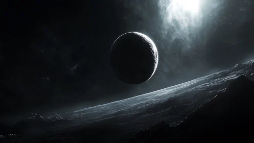 Silent crescent planet above stark icy horizon in void.