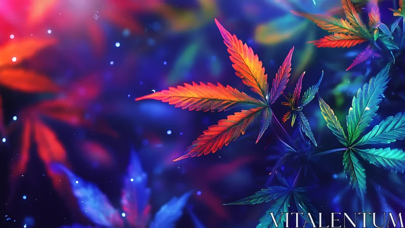 Neon cannabis leaves glow in a vibrant cosmic haze