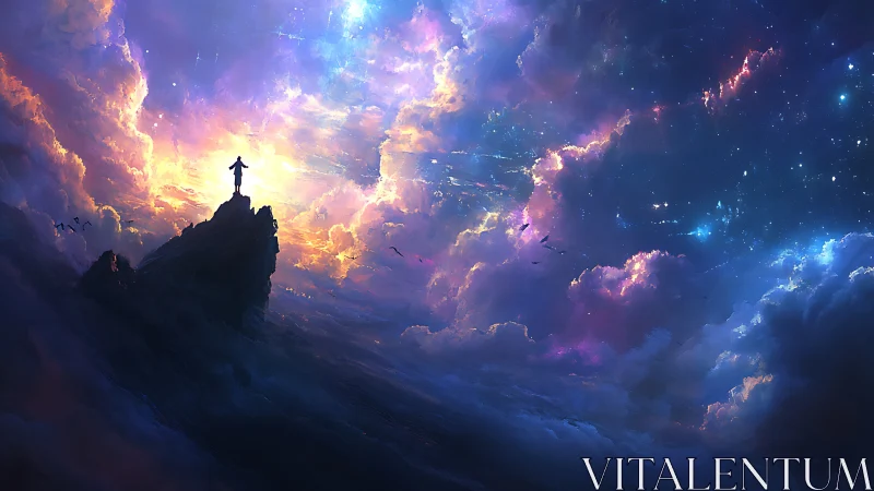 Lone figure on astral cliff under radiant nebula sky.