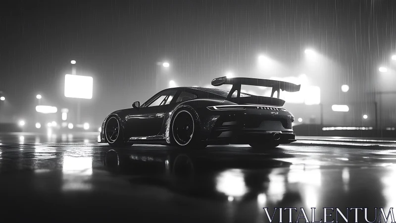 Sleek sports car cuts through rainy neon-lit night street