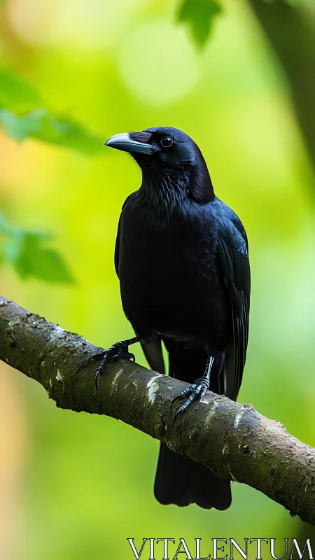 Obsidian Crow Perched on Lichen-Covered Branch.