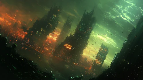 Dense dystopian city skyline under eerie green sky.