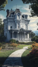 Victorian mansion stands in lush garden under soft daylight.