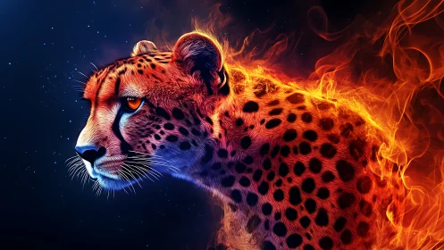 Leopard with Flaming Aura Against Starry Background
